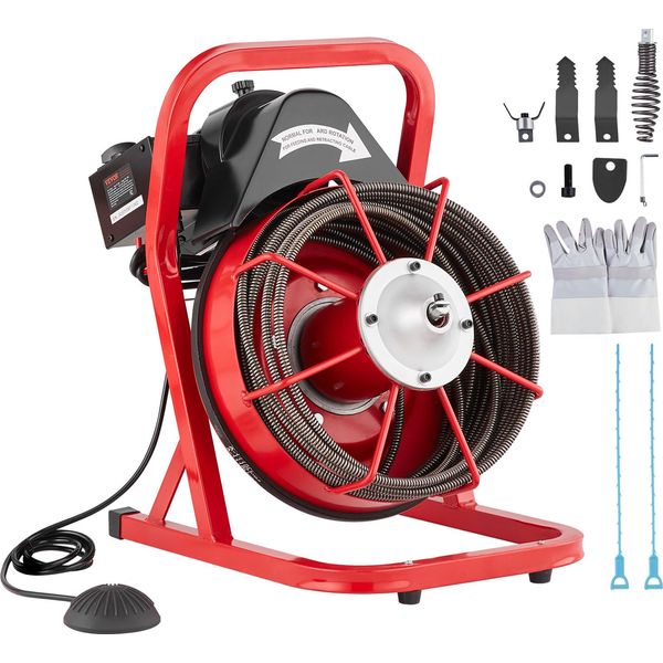 Macchina Per La Pulizia Dei Tubi Vevor 50 Ft X 3/8 Di Pollice, Spirale Per Fognature Con Alimentazione Manuale, Macchina Per La Pulizia Dei Tubi Elettrica Da 250 W Con 4 Frese E Interruttore A Pedale Ad Attivazione Pneumatica-image