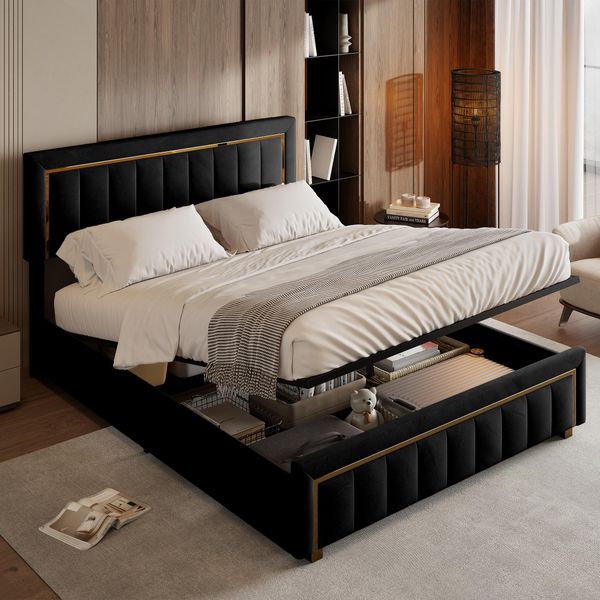 Letto Imbottito Matrimoniale 160X200 Cm, Con Testata In Legno E Rete A Doghe, Struttura Nera, Design Moderno, Ideale Per Camere Da Letto, Comodo E Funzionale-image
