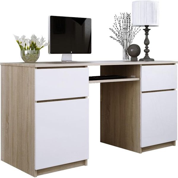 Scrivania: 2 Cassetti, Rovere Sonoma / Bianco Opaco, 135 X 77 X 50 Cm-image