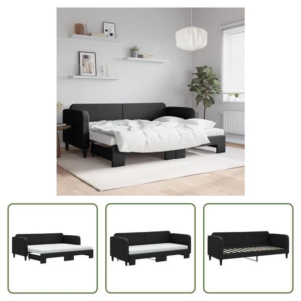 The Living Store Lettino Allungabile Con Materassi Nero 80X200 Cm In Tessuto-image