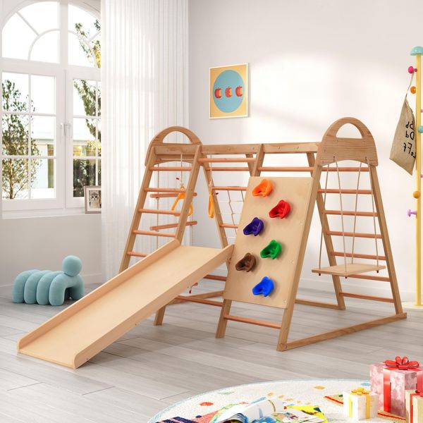 Fortuna Lai Set Multifunzionale Di Sbarre Da Parete Per Bambini, Altalena In Legno, Scala Di Arrampicata, Scivolo Con Piastra Di Arrampicata, Rete Di Arrampicata, Pietra Di Arrampicata In Plastica Per Tutta La Famiglia-image
