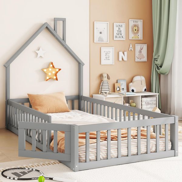 Letto Per Bambini Merax 90X200Cm Con Rete A Doghe, Letto A Terra Con Ringhiera E Porta, Letto In Legno Di Pino Letto Singolo Casa Letto Per Bambini Con Camino, Grigio-image