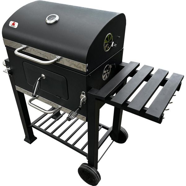 Barbecue A Carbonella 4Iq Con Griglia In Ghisa Carrello Per Barbecue Con 2 Piani Griglia 55X36 Cm E 535X24 Cm Nero-image