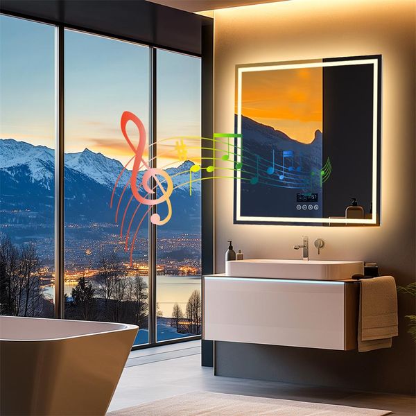 Wisfor Specchio Da Bagno A Led Con Altoparlante Bluetooth, Specchio Da Bagno 80×80 Cm Con Illuminazione A 3 Colori, Specchio Da Parete A Led Dimmerabile Senza Nebbia-image