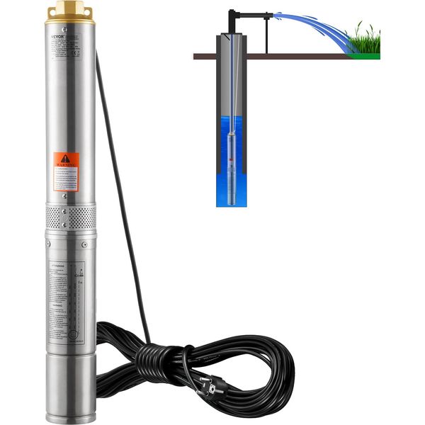 Pompa Sommergibile Per Pozzi Profondi Vevor, 370 W, 230 V, 50 Hz, 5,3 M³/H Di Portata Massima, 50 M Di Prevalenza Massima, Con Cavo Di Alimentazione Di 9,1 M, Pompe Per Acqua In Acciaio Inox Per Irrigazione Industriale E Uso Domestico-image