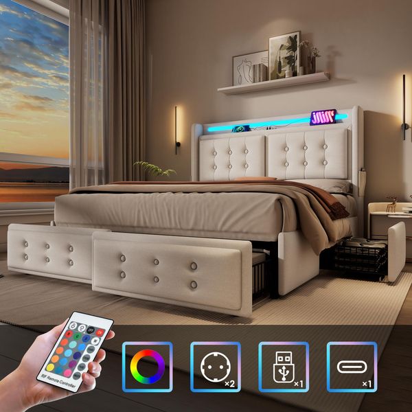 Letto Imbottito Flieks 140X200Cm Con 4 Cassetti, Letto Contenitore Letto Matrimoniale Con Funzione Cassetto, Letto Per Ragazzi Letto In Legno Con Led, Letto Funzionale In Cotone, Beige-image
