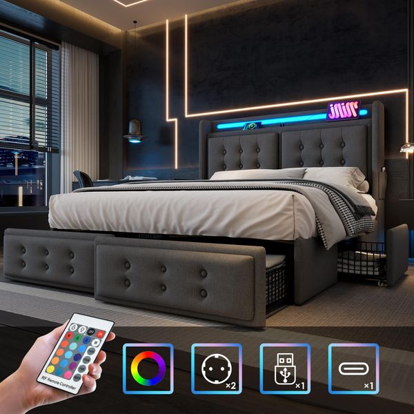 Letto Imbottito Flieks 140X200Cm Con 4 Cassetti, Letto Contenitore Letto Matrimoniale Con Funzione Cassetto, Letto Per Ragazzi Letto In Legno Con Led, Letto Funzionale In Cotone, Grigio-image