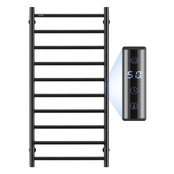 Vevor Scaldasalviette Con 10 Barre, Scaldasalviette A Parete Per Il Bagno, Radiatore Impermeabile IPX5 Con Timer E Display A Led, Scaldasalviette A 5 Regolazioni, Nero-image