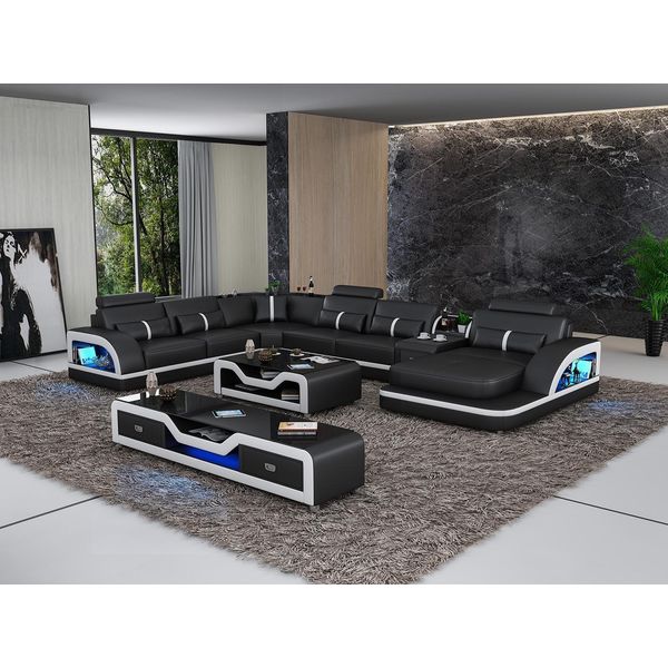 Suite D'angolo Divano In Pelle Design Divano D'angolo Lusso Zona Giorno Led Divano Imbottitura Divano-image