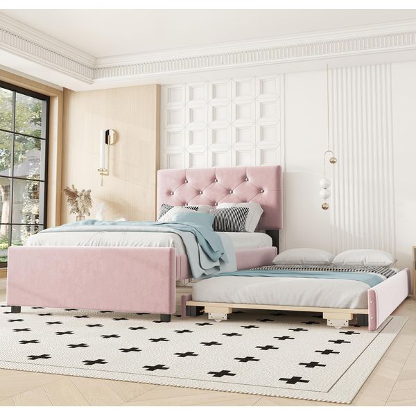 Letto Imbottito Flieks 90X200Cm Con Letto Estraibile, Letto Singolo Letto Per Ragazzi Letto Per Bambini Con Rete A Doghe, Letto In Legno Letto Funzionale Letto Da Giorno, Velluto, Rosa-image