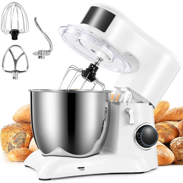 Robot Da Cucina Zelurxx, Impastatrice Con Gancio Per Impasto, 1300 W, 10 Velocità, Con Ciotola In Acciaio Inox Da 5,5 Litri, Frusta, Sbattitore, Ciotola Di Miscelazione, Bianco-image