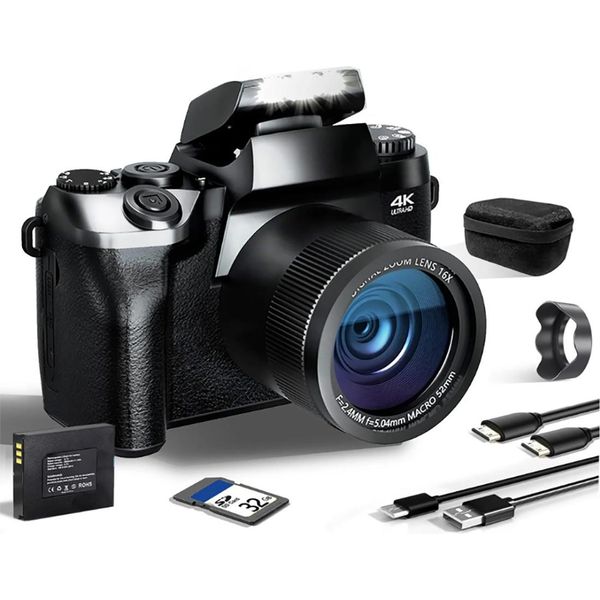 Zelurxx Fotocamera Digitale 4K, 4'', Autofocus, 64MP, Zoom Digitale 16X, Wlan (Wi-Fi), Con Cofano, Fotocamera Compatta, Fotocamera Vlog, Per Principianti Senior, Nero-image