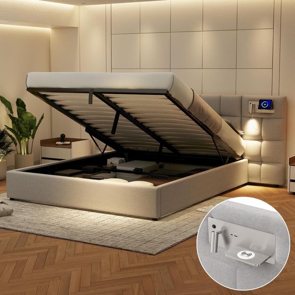 Letto Imbottito Flieks 180X200Cm Con Funzione Di Ricarica (Usb&Ricarica Wireless), Contenitore Idraulico Letto Matrimoniale Letto A Molle Con Lampada, Lino, Grigio-image