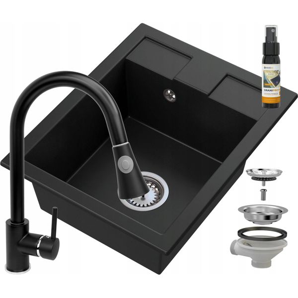 Granitan | Lavello In Granito Best - Nero - Rubinetto Da Cucina Con Bocca Estraibile - Set Di Alta Qualità-image