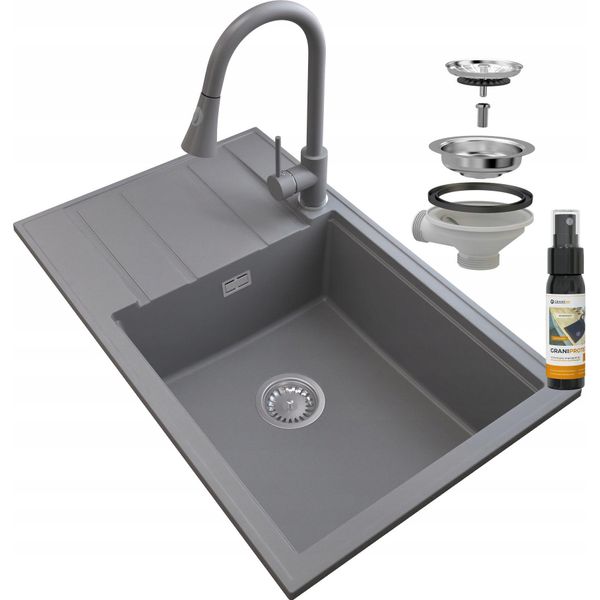 Granitan | Lavello In Granito Louis - 800 X 500 Mm - Grigio - Da Incasso Con Scolapiatti E Miscelatore Snake-image