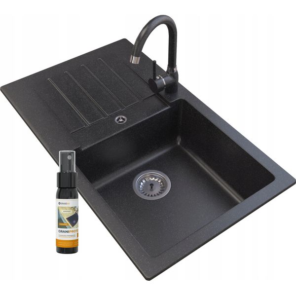 Granitan | Lavello In Granito Trix - 765X445 Mm - Nero - Da Incasso Con Rubinetto E Sifone - Alta Qualità E Modernità-image