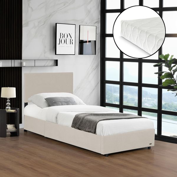 Letto Imbottito 'Juva' Singolo Con Rete A Materasso E Rete A Doghe Pieghevole 90 X 200 Cm Cord Beige-image