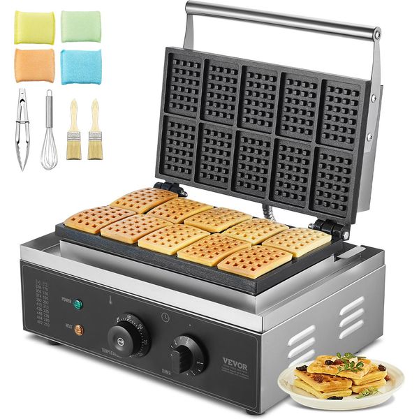Vevor Ferro Per Waffle Commerciale 1550 W Antiaderente In Acciaio Inox Con Controllo Della Temperatura E Del Tempo, Maniglia, Per Ristorante Panetteria Snack Bar Famiglia 10 Waffle Rettangolari-image