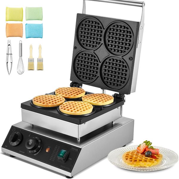 Vevor Piastra Per Waffle Commerciale 1750 W Antiaderente Belga In Acciaio Inox Con Controllo Della Temperatura E Del Tempo, Per Ristorante Panetteria Snack Bar 4 Waffle Rotondi-image