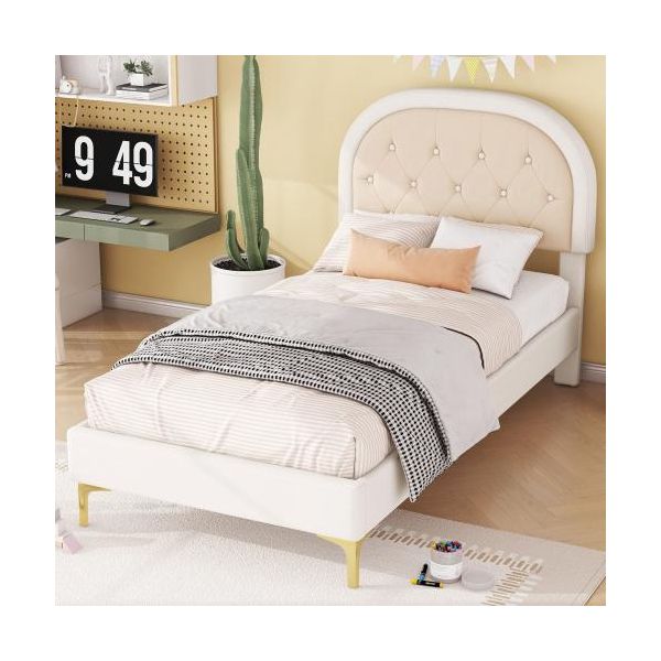 Letto Imbottito Aiorber, 90X200Cm, Letto Con Rete A Doghe, Letto Con Piedini In Metallo, Velluto, Testata Curva, Letto Per Bambini, Per Camerette, Appartamenti, Beige-image