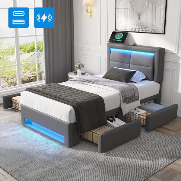 Letto Imbottito Flieks 90X200Cm Con Usb, Letto Contenitore Letto Singolo Con Rete A Doghe E 4 Cassetti, Letto Per Ragazzi Con Led, Letto In Legno Letto Funzionale, Pu, Grigio-image