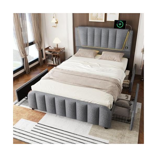 Letto Imbottito Aiorber, 140X200Cm, Letto Con Rete A Doghe (Senza Materasso), Con Illuminazione A Led, Connessione Usb E 4 Cassetti, Lino E Mdf, Per Piccoli Appartamenti, Grigio-image