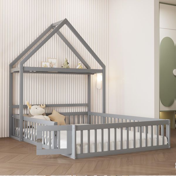 Letto Per Bambini Flieks 140X200Cm Con Asta Appendiabiti, Letto Da Terra Con Porta, Letto Matrimoniale In Legno Con Protezione Anticaduta E Rete A Doghe, Grigio-image