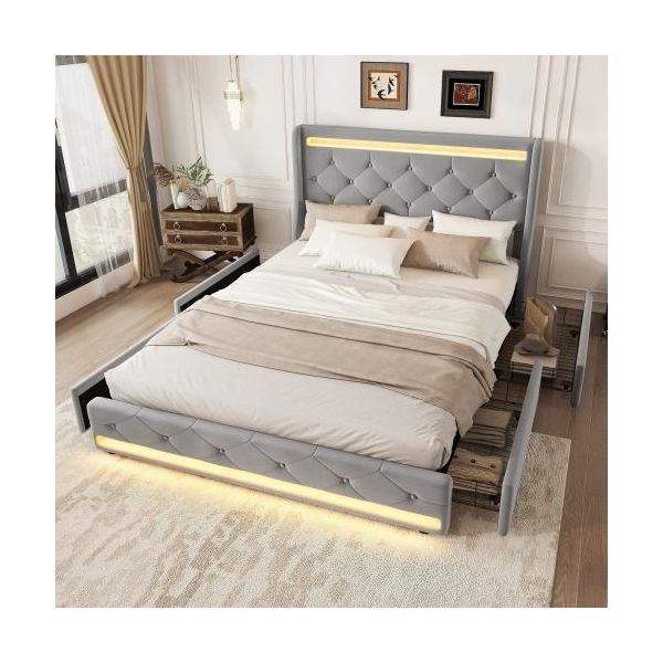 Letto Piano Aiorber, Letto Imbottito, 140X200Cm, Letto Con Rete A Doghe, Illuminazione Ambientale Led Regolabile, 4 Cassetti, Velluto, Per Appartamenti, Camere Da Letto, Grigio-image