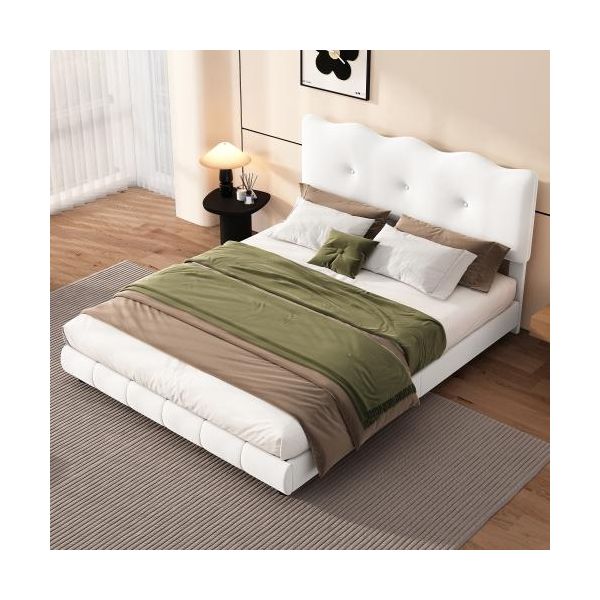 Letto Piano Aiorber, Letto Imbottito, 140X200Cm, Con Rete A Doghe, Design A Onda, Testata Regolabile, Velluto, Letto Per Giovani, Per Appartamenti E Camere Da Letto, Bianco-image