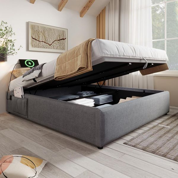 Letto Imbottito Sweiko, Letto Matrimoniale 140×200 Cm, Letto Contenitore, Struttura Letto Con USB-C E Rete A Doghe A Superficie Intera, Senza Testata, Cotone, Grigio, Senza Materasso-image