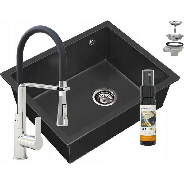 Lavello In Granito Granitan | Salix Con Rubinetto - Nero - Da Incasso Con 1 Scomparto - Alta Qualità E Durata - Design Moderno-image