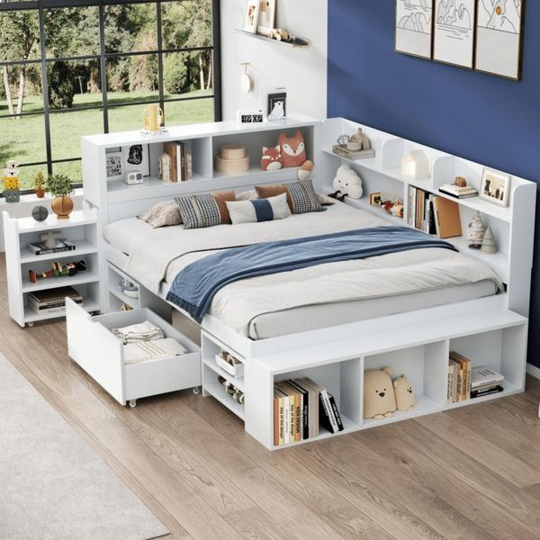 Letto Per Bambini Aiorber, 140X200 Cm, Letto Singolo Multifunzionale Con Libreria, Contenitore, Cassetto E Rete A Doghe, Salvaspazio, Per La Camera Dei Bambini, Bianco-image