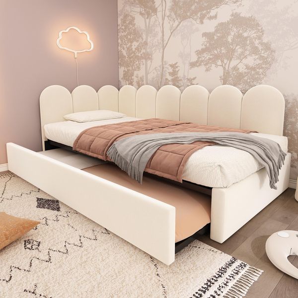 Flieks Letto Imbottito Divano Letto 90X200Cm Con Letto Estraibile, Daybed Con Rete A Doghe, Letto Per Bambini Letto Per Ragazzi Letto Singolo Letto In Legno, Velluto, Beige-image