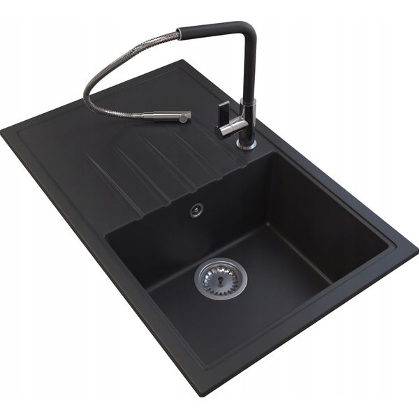 Granitan | Lavello In Granito Eris - 20 Cm - Nero Marmorizzato - Alta Qualità - Con Rubinetto Estraibile-image