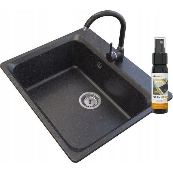 Granitan | Lavello In Granito Zante - 619 X 522 Mm - Nero - Alta Qualità - Incluso Rubinetto-image