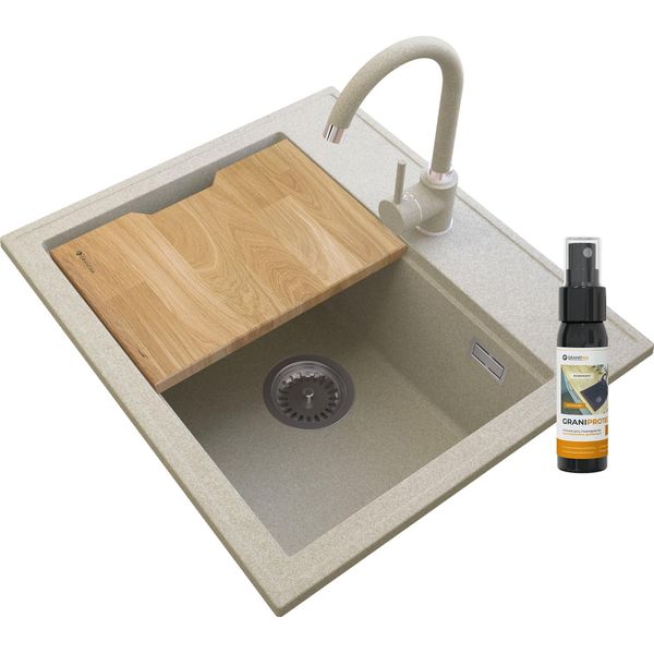 Granitan | Lavello In Granito Foxal - Beige - Incluso Rubinetto Da Cucina E Inserto In Legno - Alta Qualità E Funzionalità-image