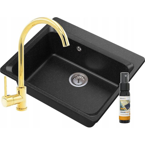 Granitan | Lavello In Granito Zante - 20 Cm - Nero - Con Rubinetto Da Cucina Dorato - Alta Qualità E Lunga Durata-image