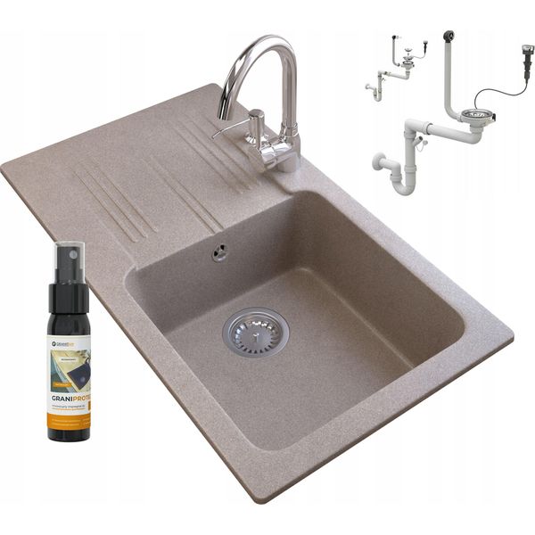 Granitan | Lavello In Granito Ada - 775X435 Mm - Nero - Con Rubinetto E Scolapiatti - Alta Qualità Ed Eleganza-image