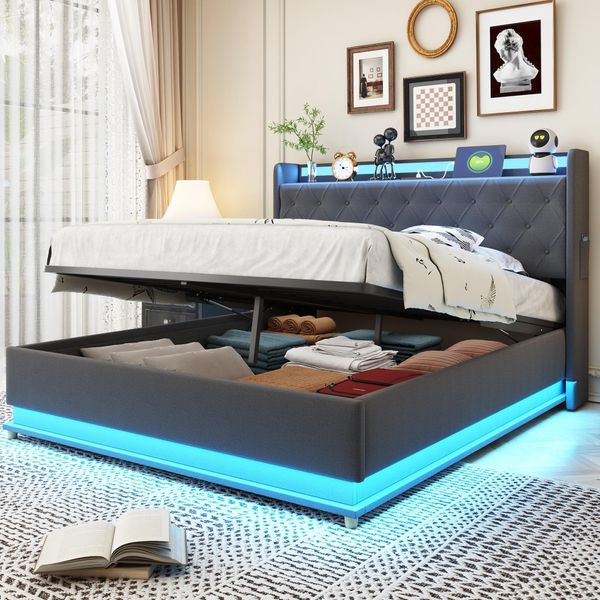 Letto Imbottito Flieks 140X200Cm Con Usb, Letto Contenitore Letto Matrimoniale Con Rete A Doghe E Led, Letto A Molle Idrauliche Letto Per Ragazzi, Biancheria, Grigio-image