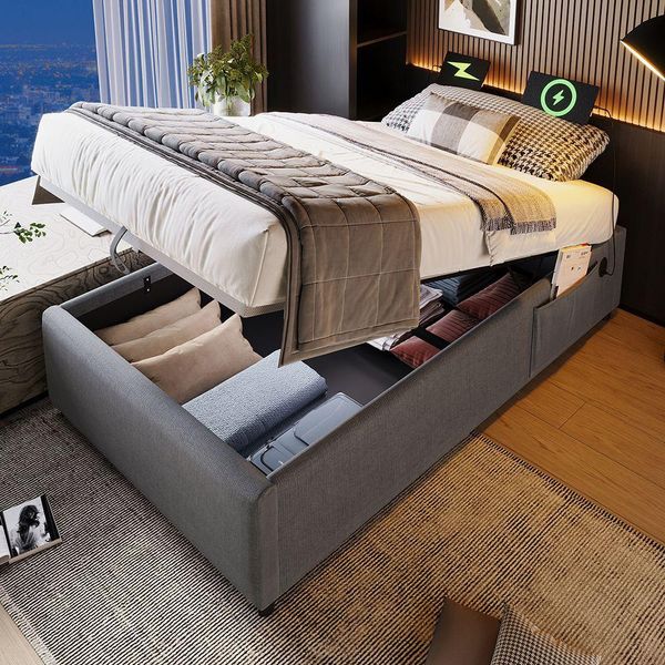 Sweiko Letto Imbottito Letto Singolo 90×200 Cm, Rete Sturaumbett Con USB-C E Rete A Doghe A Superficie Intera, Senza Testata, Cotone, Grigio, Senza Materasso-image