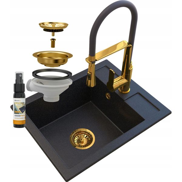 Granitan | Lavello In Granito Best Golden Line - 500X400 Mm - Nero Con Particelle D'oro - Installazione E Accessori-image