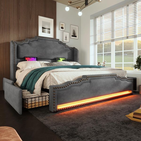 Letto Imbottito Flieks 180X200Cm Con Usb E Type-C, Letto Contenitore Letto Matrimoniale Con 4 Cassetti E Led, Letto In Legno Letto Giovanile Con Rete A Doghe, Velluto, Grigio-image