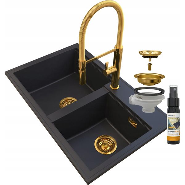 Granitan | Lavello In Granito Hektor - Nero - Design Moderno - Con Miscelatore Oro E Sifone Manuale-image