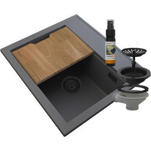 Lavello Granitan | Foxal - 565X505 Mm - Grigio - Granito Con Sifone Nero - Funzionale E Robusto-image