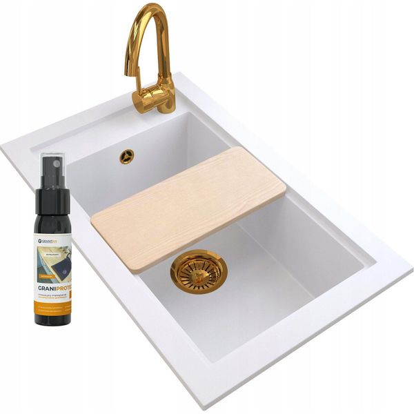 Miscelatore Da Cucina Granitan | Beta - Oro - Con Lavello In Granito E Sifone Manuale - Alta Qualità Ed Eleganza-image