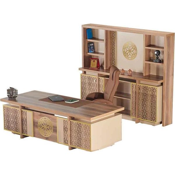 Set Completo Per Studio Scrivania Ufficio Sedia Libreria Credenza Marrone-image