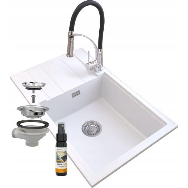 Granitan | Lavello In Granito Louis - 800 X 500 Mm - Bianco - Con Scolapiatti E Miscelatore Nexo-image