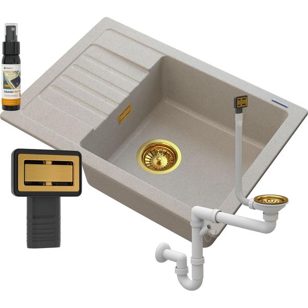 Lavello In Granito Granitan | Argos - Beige - Scomparto Unico Con Sgocciolatoio - Sifone Dorato Incluso-image