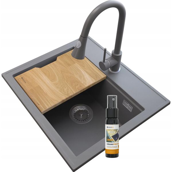 Lavello Foxal In Granito Granitan | - Grigio - Con Rubinetto Da Cucina Snake - Incluso Asse Di Legno E Prodotto Di Manutenzione-image