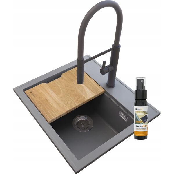 Granitan | Lavello In Granito Foxal - Grigio - Rubinetto Alto Nero Per Cucina - Incl. Tavola Di Legno E Prodotto Per La Manutenzione-image
